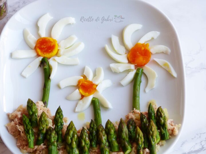ricetta uova sode a forma di fiori con asparagi patate e tonno insalata bambini gabri