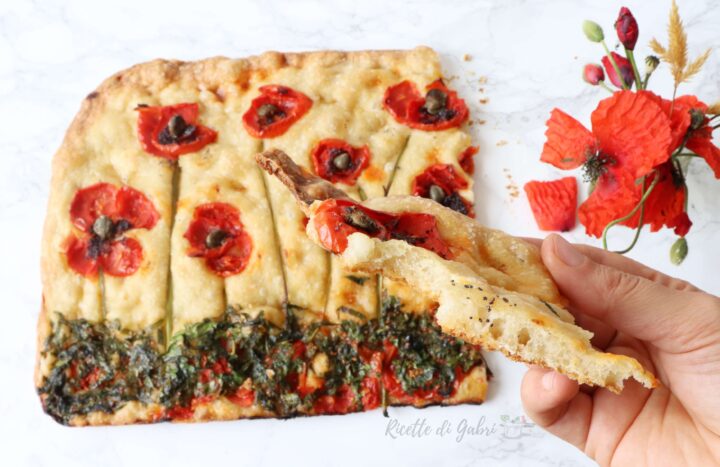 garden focaccia primavera decorata con verdure campo di papaveri con pomodorini ricetta facile gabri
